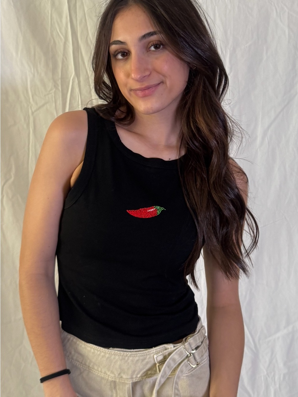 Black Ribbed Tank Top with Red Chili Patch